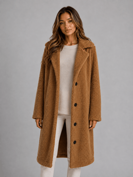 Women's Longline Teddy Borg Fleece Button-Front Winter Coat