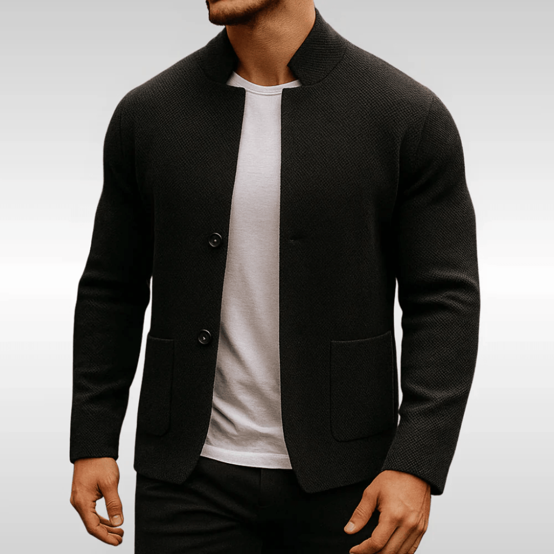 Men's Collarless Knitted Blazer Jumper with Patch Pockets