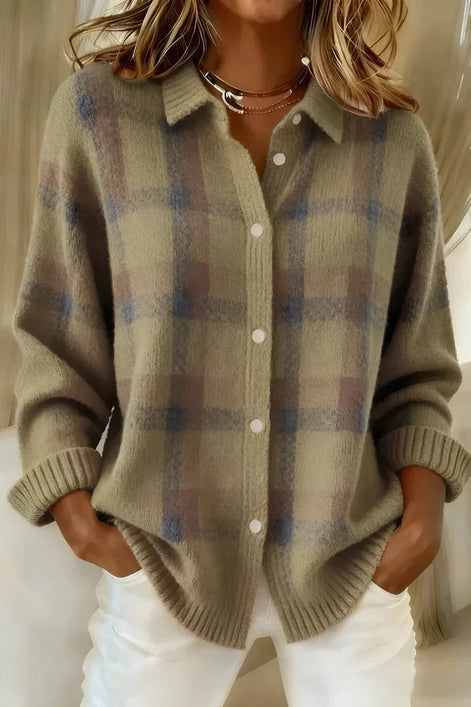 Ofelia Plaid Knitted Jumper Longline Button-Front Cardigan Sweater