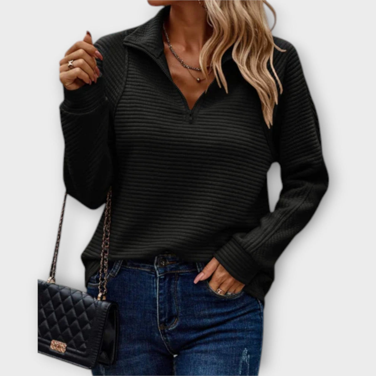 Chrystah Ribbed Quarter-Zip Pullover with Stand Collar