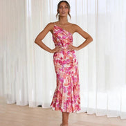 One Shoulder Floral Satin Midi Christmas Party Dress in Pink