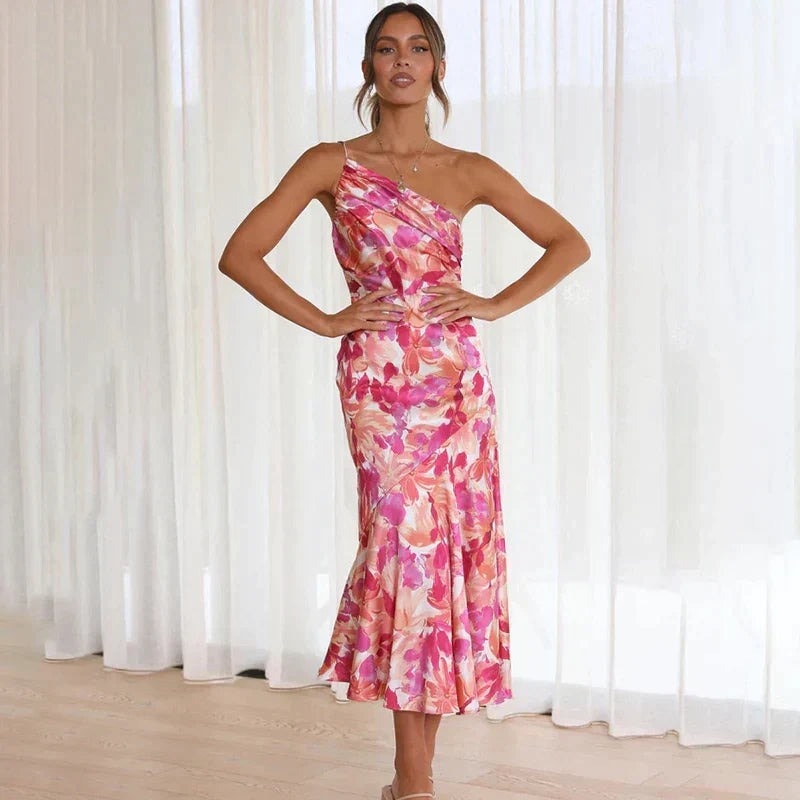 One Shoulder Floral Satin Midi Christmas Party Dress in Pink