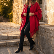 Women's Fringed Draped Shawl Collar Open-Front Wool Wrap Coat for Winter