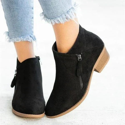 Synthetic Suede Ankle Winter Boots with Side Zip and Block Heel
