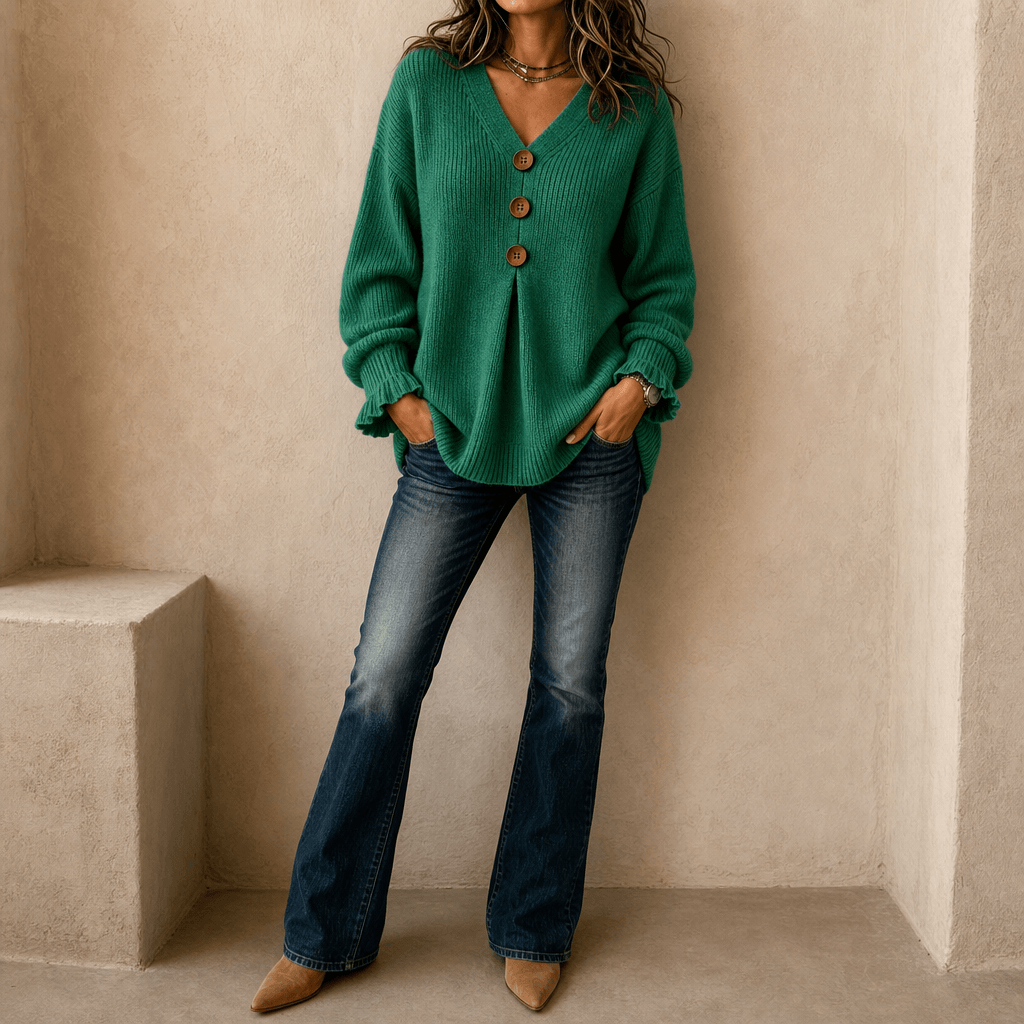 Women's Ribbed V-Neck Knitted Jumper with Button Detail