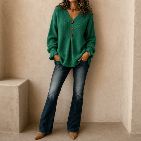 Women's Ribbed V-Neck Knitted Jumper with Button Detail