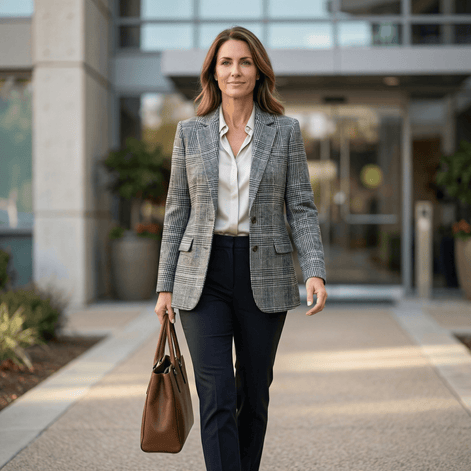 Women's Relaxed Glen Plaid Tailored Blazer with Button Front