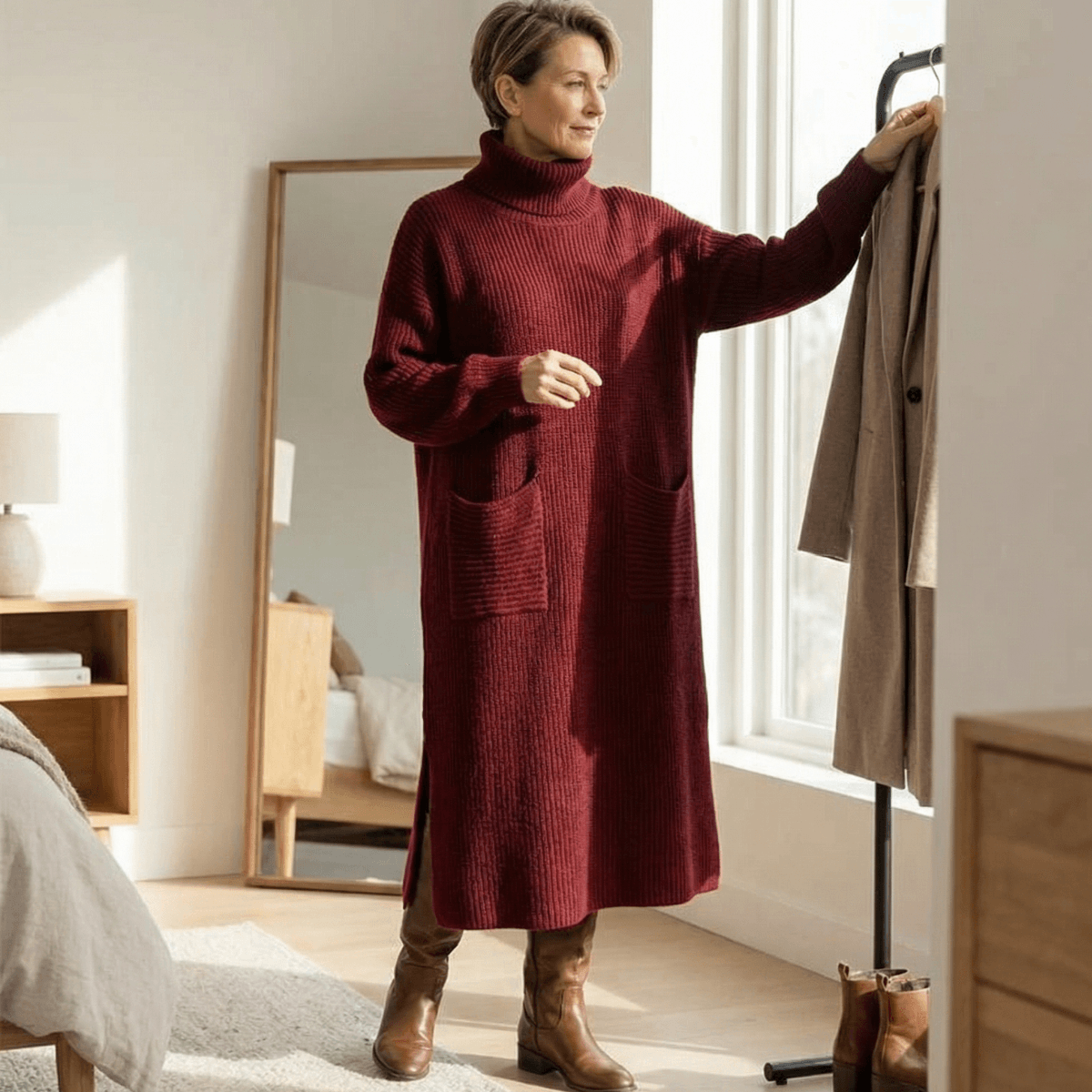 Women's Relaxed Turtleneck Knitted Jumper Dress with Pockets