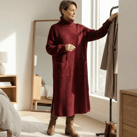 Women's Relaxed Turtleneck Knitted Jumper Dress with Pockets