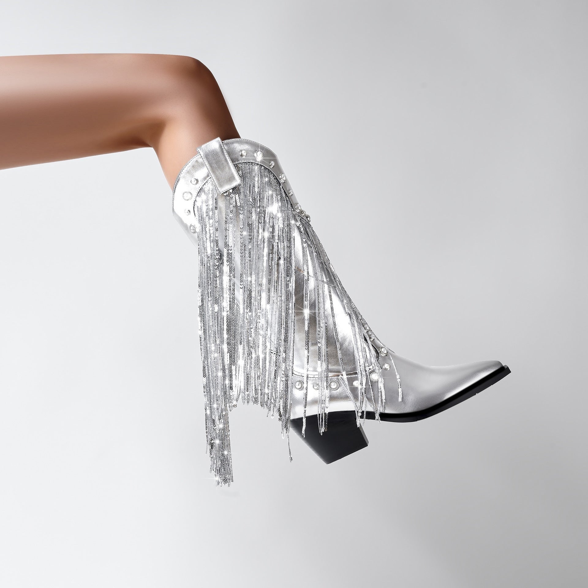 Fringe Cowboy Mid-Calf Womens Boots with Pointed Toe Block Heel