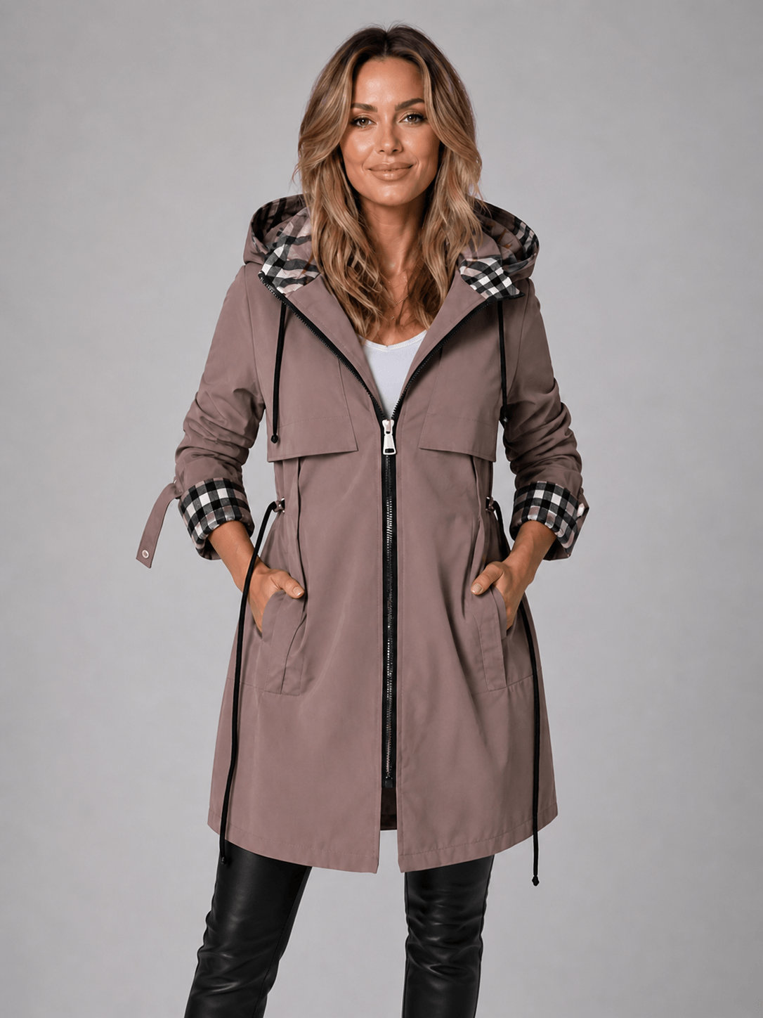 Hooded Longline Waterproof Jacket with Adjustable Drawstring Waist