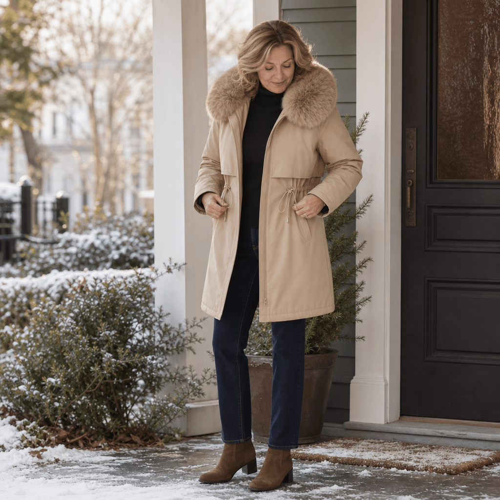 Velora Hooded Mid-Length Faux-Fur Trim Winter Coat for Women
