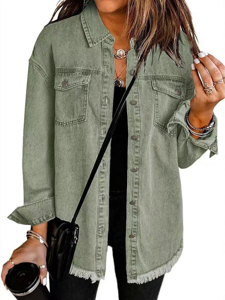 Wilda Women's Oversized Denim Shirt Coat with Frayed Hem