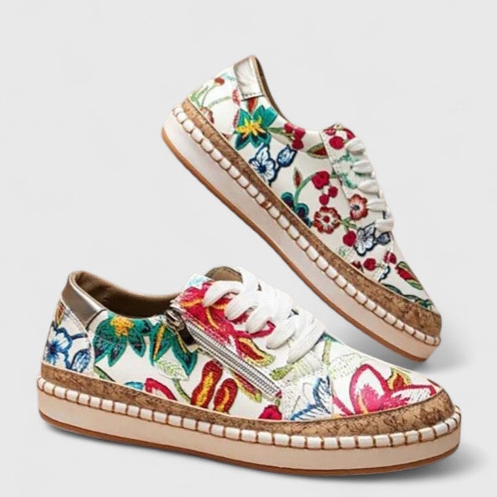 Olisette Floral Embroidered Lace-Up Platform Trainers for Women's Comfort