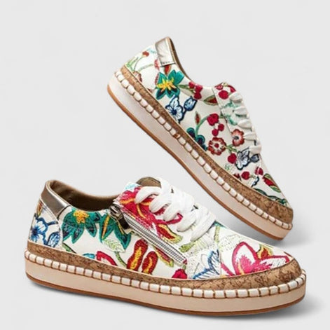 Olisette Floral Embroidered Lace-Up Platform Trainers for Women's Comfort