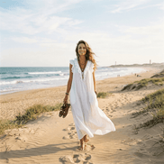 Ruffled V-Neck Linen-Cotton Women's Midi-to-Maxi Dress with Pockets