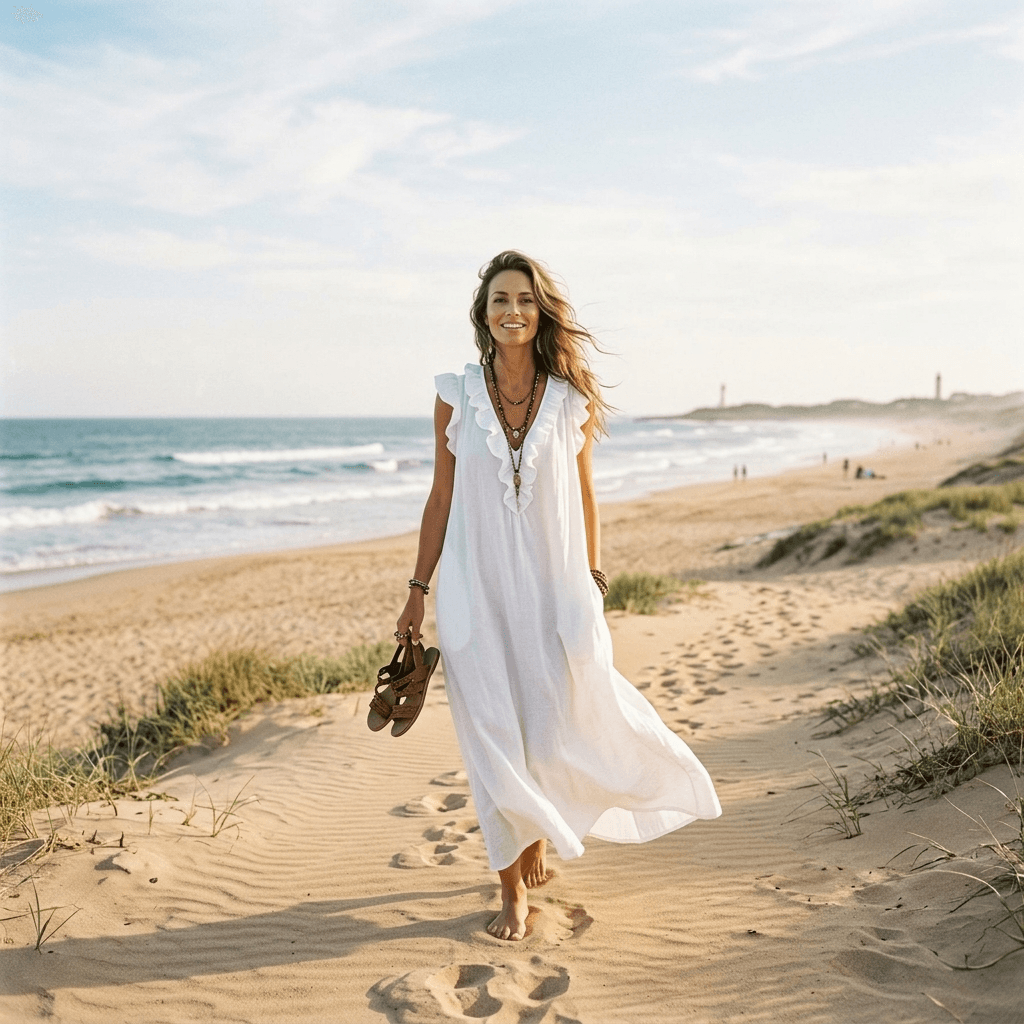 Ruffled V-Neck Linen-Cotton Women's Midi-to-Maxi Dress with Pockets