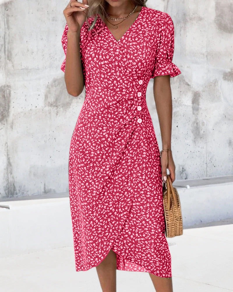 Floral Wrap Midi Dress in Polyester for Autumn and Christmas Parties