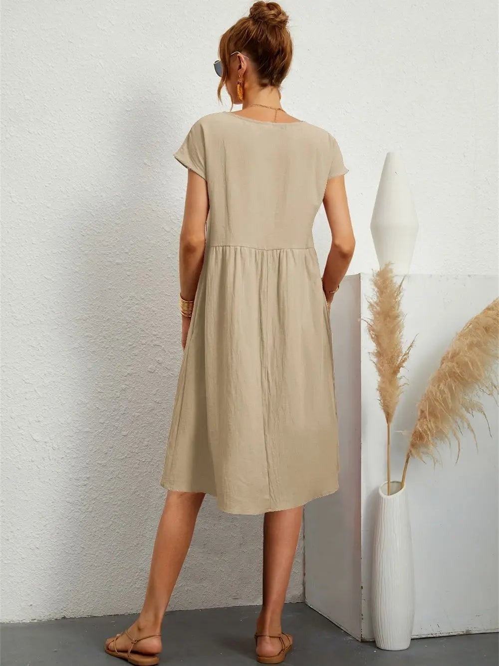 Casual Cotton Midi Shift Christmas Party Dress with Pockets for Autumn Wear