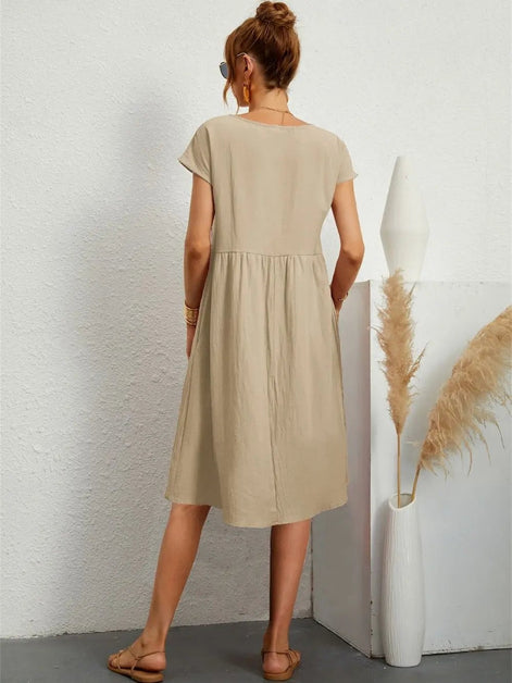 Casual Cotton Midi Shift Christmas Party Dress with Pockets for Autumn Wear