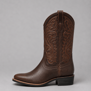 Women's Brown Embroidered Leather Cowboy Boots with Block Heel