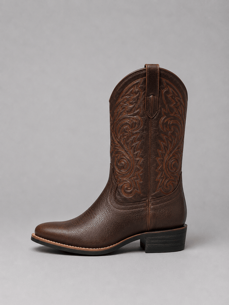 Women's Brown Embroidered Leather Cowboy Boots with Block Heel