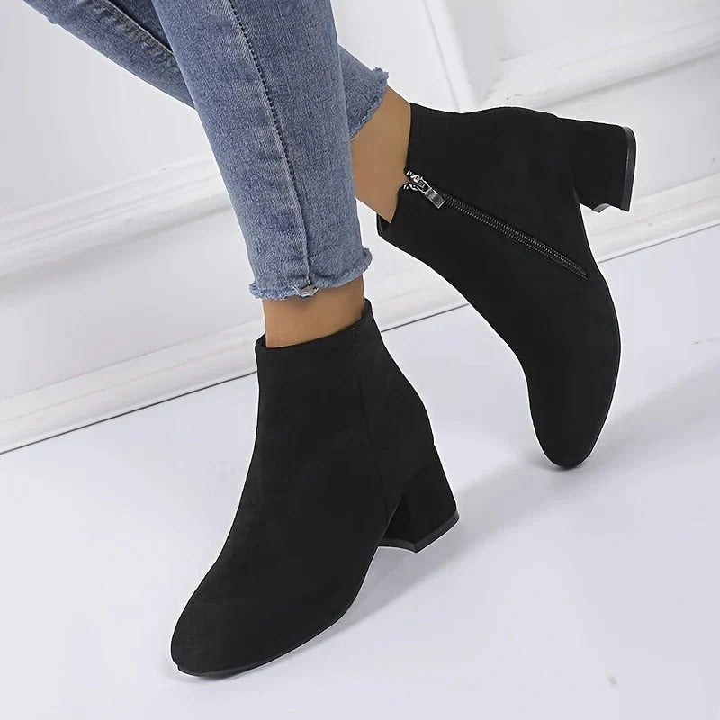 Women's Suede Block Heel Ankle Boots with Side Zip Fastening