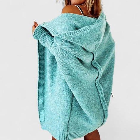 Rosalynne Oversized Hooded Women's Knitted Cardigan with Knee-Length Cut