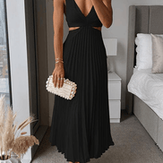 Sanne Pleated Satin Cutout Midi Dress for Women with V-Neck