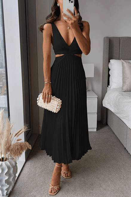 Sanne Pleated Satin Cutout Midi Dress for Women with V-Neck