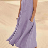 Sleeveless Linen-Look Midi Dress with Pockets