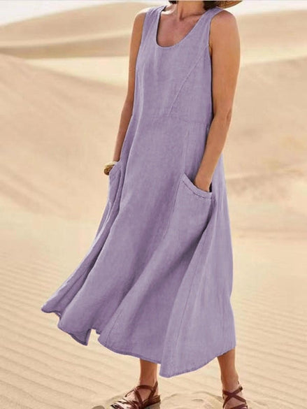 Sleeveless Linen-Look Midi Dress with Pockets