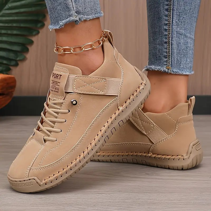 Women's Leather Comfort Shoes with Lace-Up Side Zip Closure