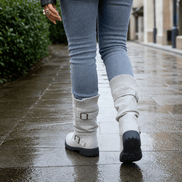Women's Ribbed Cuff Lug Sole Slouch Boots with Buckle Detail