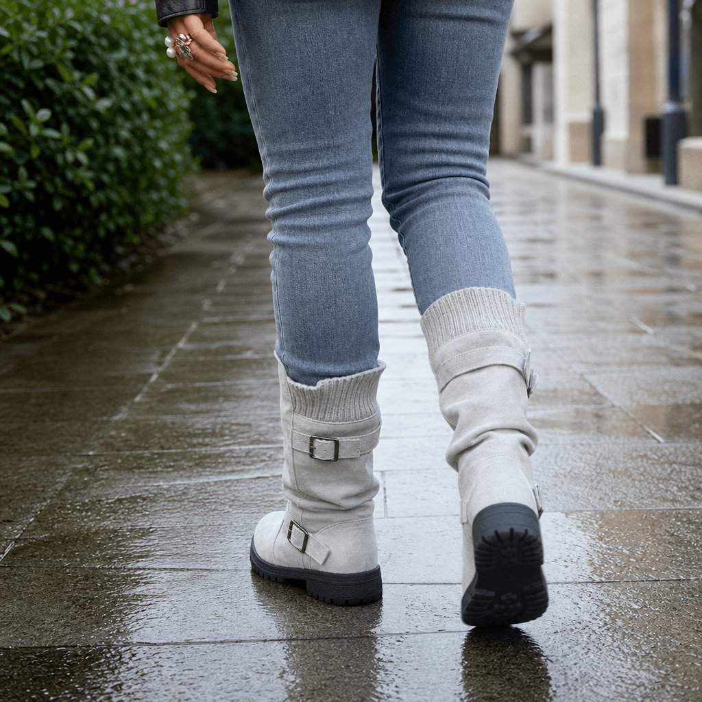 Women's Ribbed Cuff Lug Sole Slouch Boots with Buckle Detail