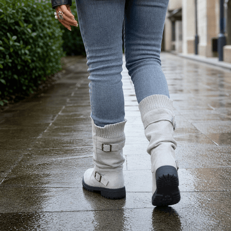 Women's Ribbed Cuff Lug Sole Slouch Boots with Buckle Detail
