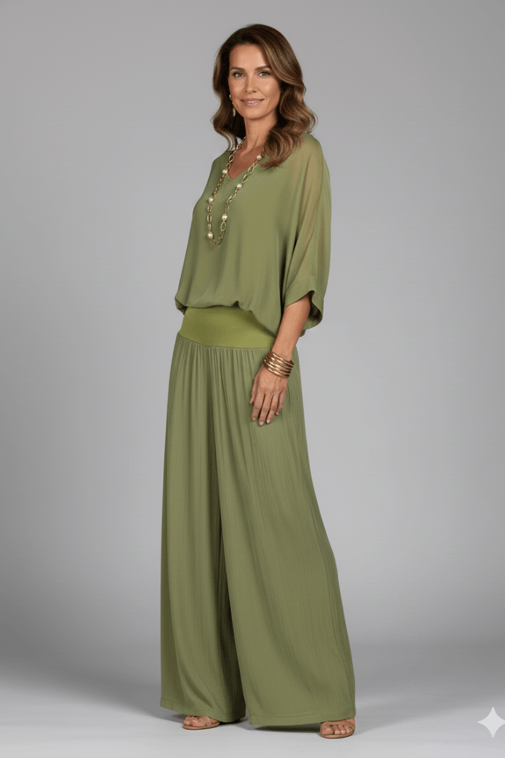 Natalie Chiffon Wide-Leg Women's Two-Piece Co-Ord Set with Draped Top