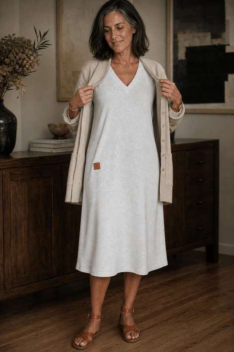 Women's A-Line V-Neck Midi Dress with Long Sleeves