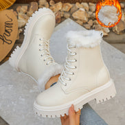 Faux Fur-Trimmed Lace-Up Platform Boots for Women with Lug Sole