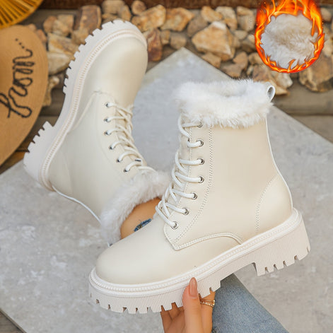 Faux Fur-Trimmed Lace-Up Platform Boots for Women with Lug Sole