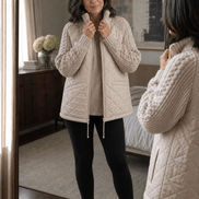 Women's Quilted Puffer Jacket with Knit Panel Trim at Waist and Cuffs