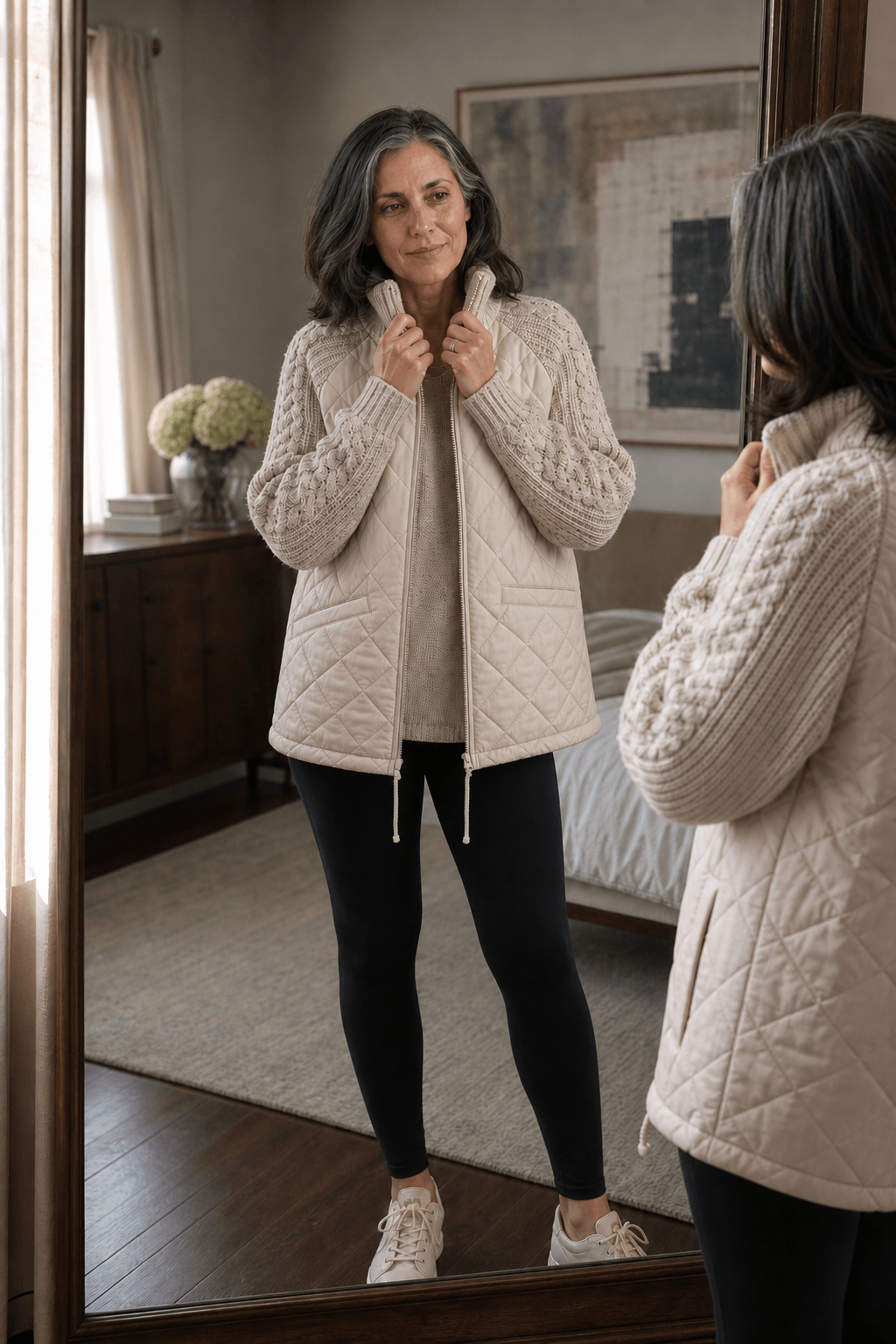 Women's Quilted Puffer Jacket with Knit Panel Trim at Waist and Cuffs