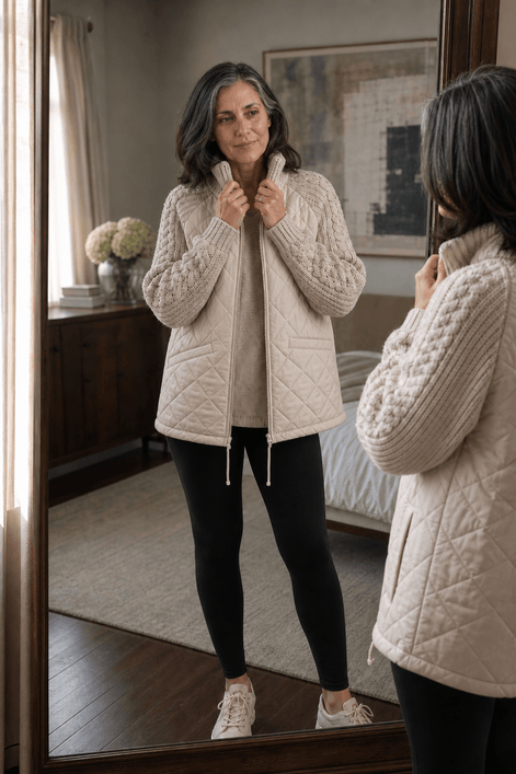 Women's Quilted Puffer Jacket with Knit Panel Trim at Waist and Cuffs