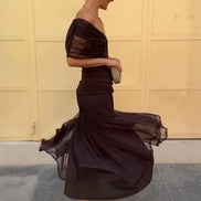 Arabella Off Shoulder Mesh Christmas Party Dress with Flowing Midi Skirt