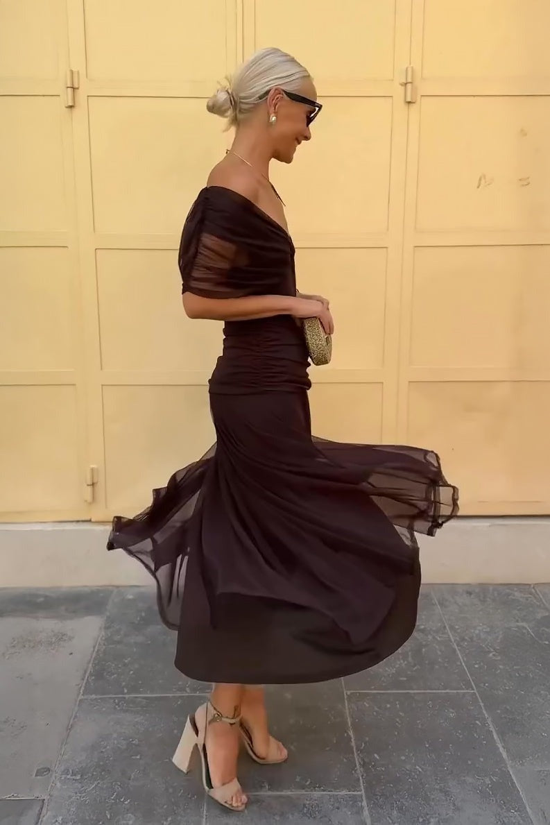 Arabella Off Shoulder Mesh Christmas Party Dress with Flowing Midi Skirt