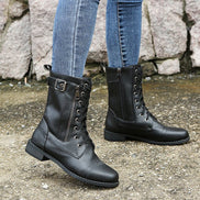 Hazel Faux Leather Combat Boots with Side Zip and Buckle Detail for Women