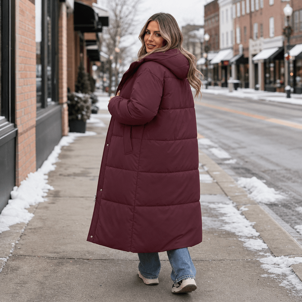 Women's Long Hooded Quilted Puffer Jacket with Side Pockets