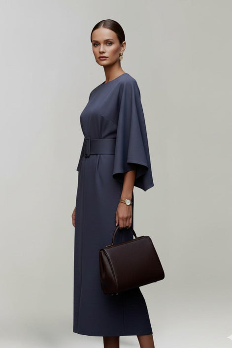Belted Satin Midi Dress with Draped Skirt for Christmas Parties