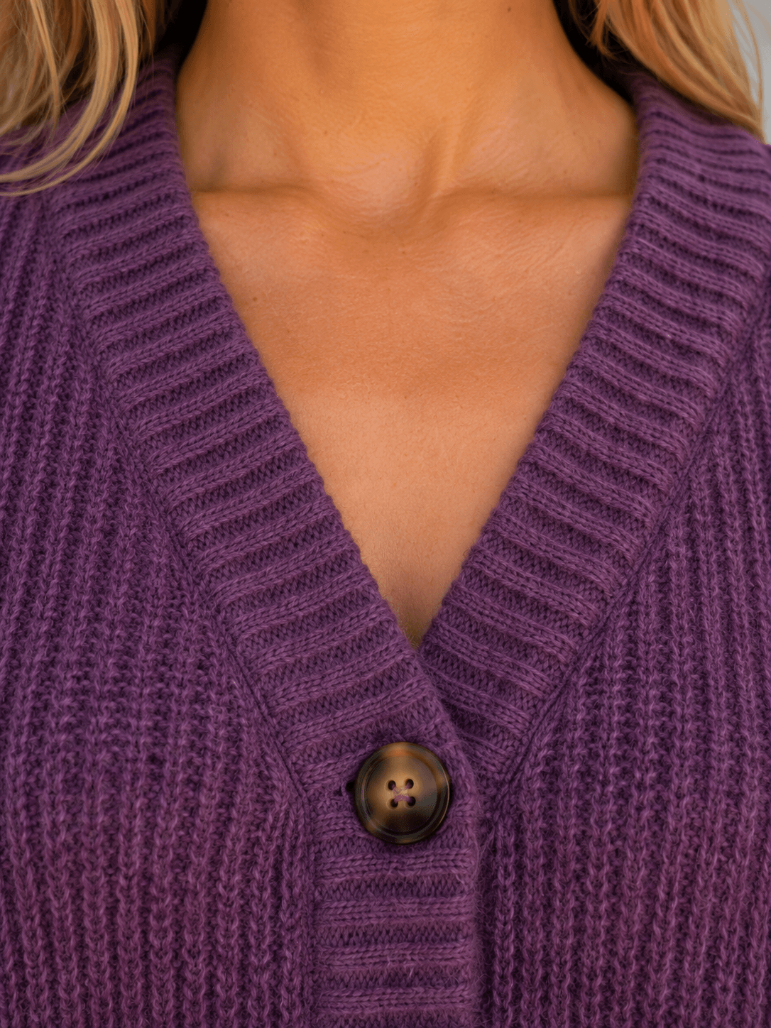 Women's Chunky Ribbed Knitted Cardigan with V-Neck and Button Front