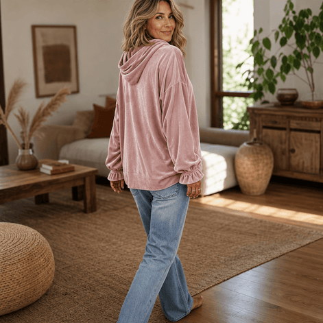 Women's Ruffle Cuff Velvet Relaxed Hoodie with High-Low Hem